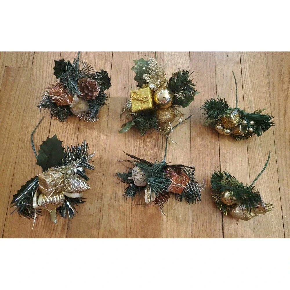 Artificial Pine Stem Fake Pine Cone Glitter Fruit Apple Gold Present Floral Pick